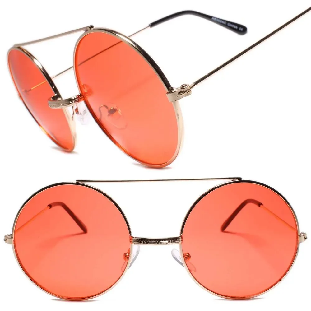 Men Classic Retro Hip Style Sunglasses Round w/ Brow Bar Gold Frame Red Lens